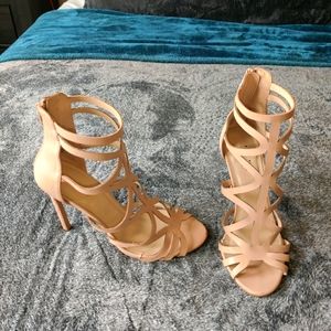 Nude strappy zip up ankle heels